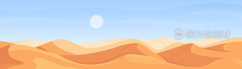 Desert nature wide panorama landscape in Africa, cartoon deserted scenery in summer heat weather, egyptian sahara scene vector illustration